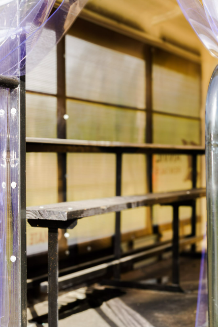 Close view of bench seating inside an Anvil Rentals climate-controlled trailer